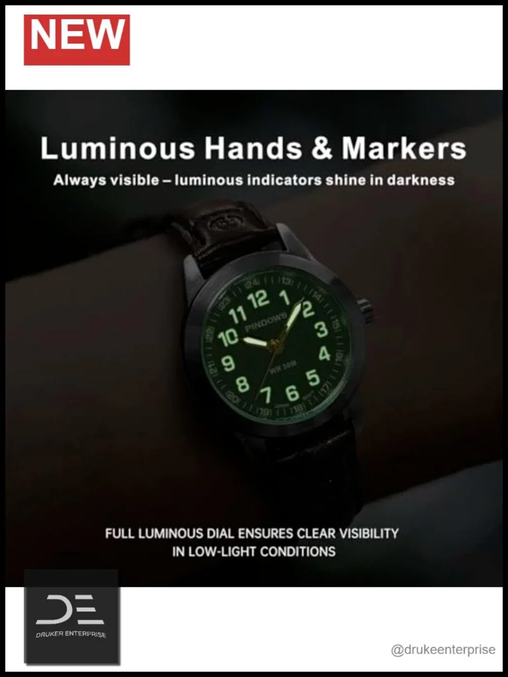 Classic Analog Quartz Ladies Watch with Luminous Dial, Leather Band, 30m Water